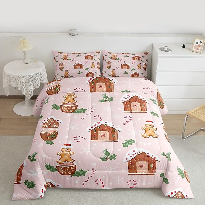 Feelyou Pink Christmas Comforter Set All Season Gingerbread Man Bedding Set with 2 Pillow Cases Christmas Pastry Microfiber Kids King Bedclothes Candy Cane Bedroom Decor Duvet Quilt Breathable Soft