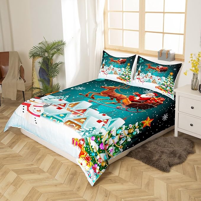 Manfei Christmas Duvet Cover Set King Size, Xmas Tree Snowman Bedding Set for Kids Boys Girls, Santa Claus with Reindeer Comforter Cover New Year Theme Quilt Cover with 2 Pillowcases, No Comforter