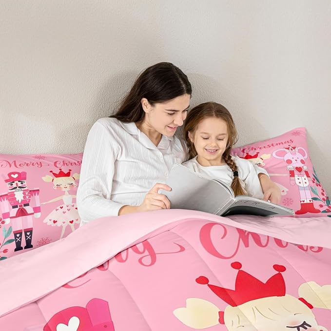 Feelyou Pink Christmas Comforter Set All Season Nutcracker Bedding Set with 2 Pillow Cases Mouse King Microfiber Kids Queen Bedclothes Royal Guarder Ballet Princess Bedroom Decor Duvet Quilt Soft