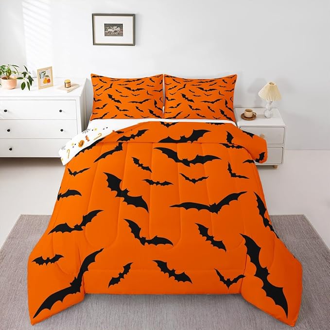 Erosebridal Halloween Comforter Set Gothic Bats Bedding Set Full Size,Spooky Silhouette Bat Quilt for Kids Boys Girls Adults Flying Mysterious Animals Down Comforter,Horror Spooky Home Decor