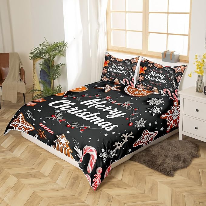 Manfei Christmas Bedding Set 2pcs for Kids Girls Red Cartoon Gingerbread Man Printed Comforter Cover Festival Duvet Cover Set Microfiber Bedspread Cover with 1 Pillow Case(No Comforter) Twin Size