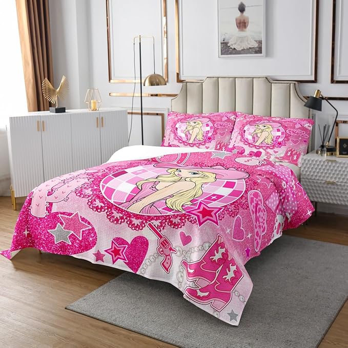 Western Cowgirl Princess Bedspread Queen Size,Cactus Cowgirl Boot Cap Bowknot Coverlet Set,Girls Women Room Decor,Star Love Heart Glitter Romantic Quilted Coverlet,Pink Bedding Quilt,2 Pillowcases