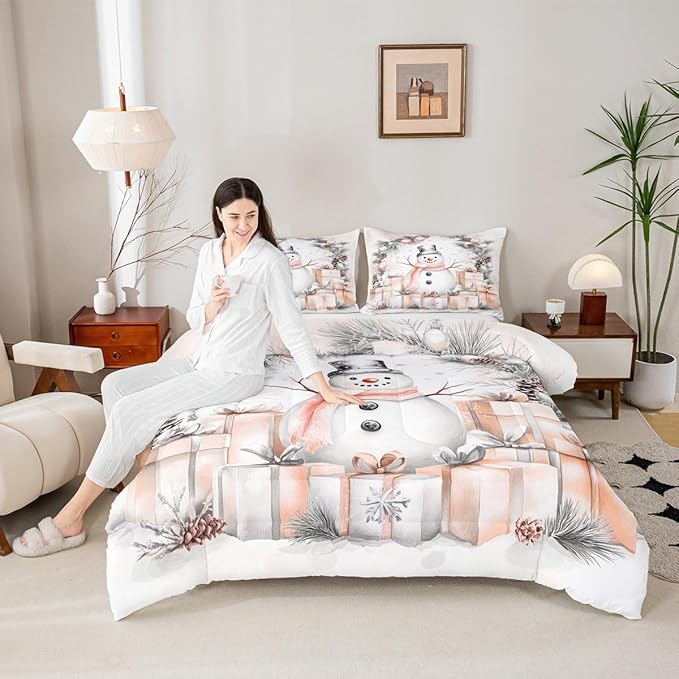Feelyou Merry Christmas Comforter Set Queen Size Cute Snowman Bedding Set for Kids Boys Girls Duvet Quilt Snowflake Bedroom Decor Microfiber 3 Pcs with 2 Pillow Cases