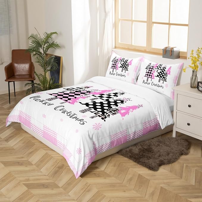 Manfei Xmas Trees Duvet Cover Set Twin Size, Pink Plaid Grid Snowflake Comforter Cover with 1 Pillowcase, Christmas Theme Bedding Set for Kids Girls Room Decor New Year Bedspread Cover, No Comforter