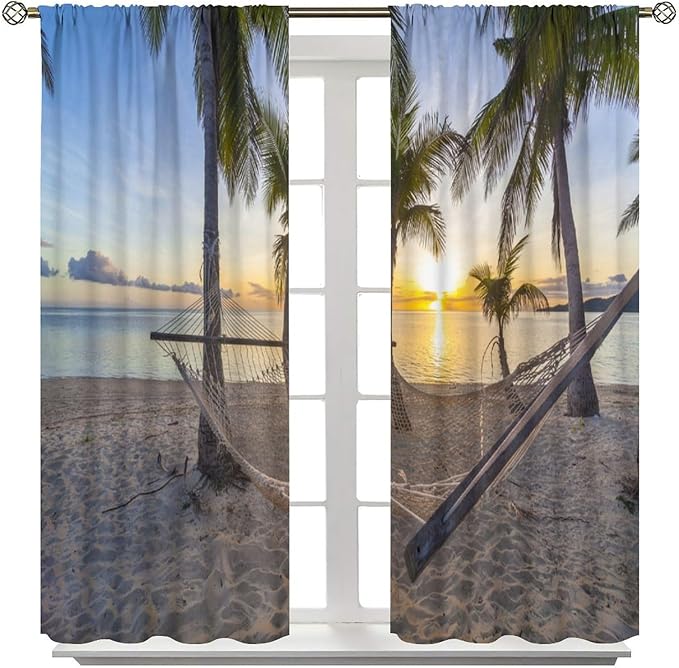 Ocean Beach Curtains,Morning Sunrise Hawaiian Seaside Scene Pattern Blackout Print Home Bedroom Living Room Window Treatments 2 Panel Set 72x63 Inch