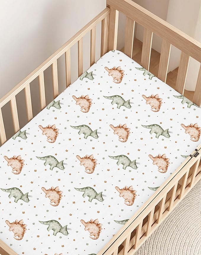 Crib Sheets for Boys and Girls, 2 Pack Fitted Baby Sheets for Standard Toddler Mattress 28" x 52", Soft Breathable Jersey Knit Baby Bedding (Tiny Dinos)