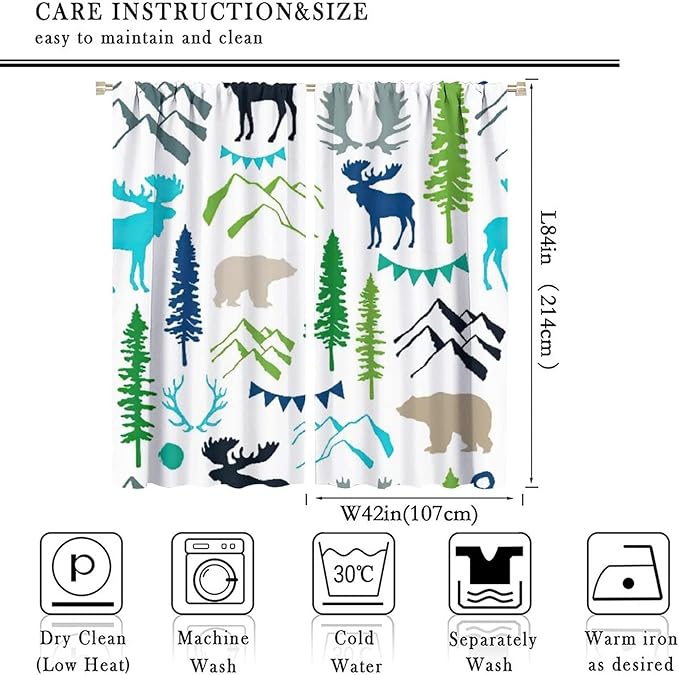 Forest Woodland Curtains, Wild Nature Bear Moose Deer Pine Trees Mountain Cabin Lodge Blackout Rod Pocket Windows Door Curtain for Bedroom Living Room Home Decor 84x84in