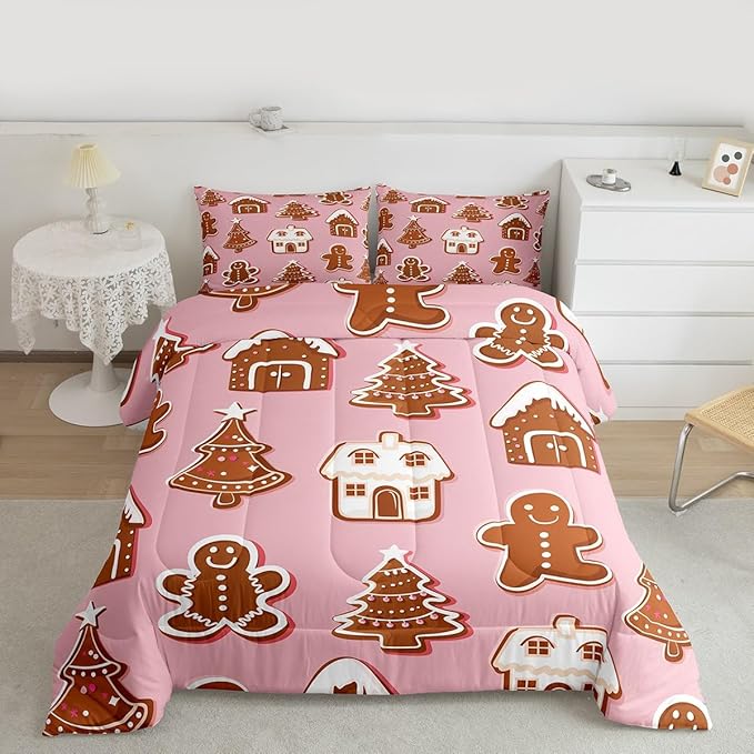 Feelyou Christmas Comforter Set Full Size Gingerbread Man Bedding Set for Kids Boys Girls Snowflake Duvet Quilt Xmas Tree Bedroom Decor Microfiber 3 Pcs with 2 Pillow Cases