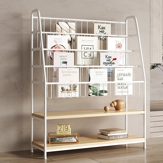 Metal Kids Bookshelf and Toy Storage Organizer,6 Tier Childrens Bookcase,Magazine Rack Floor, Book Shelf for Kids Rooms Classroom Nursery Living Room Office (White, L:31.5")