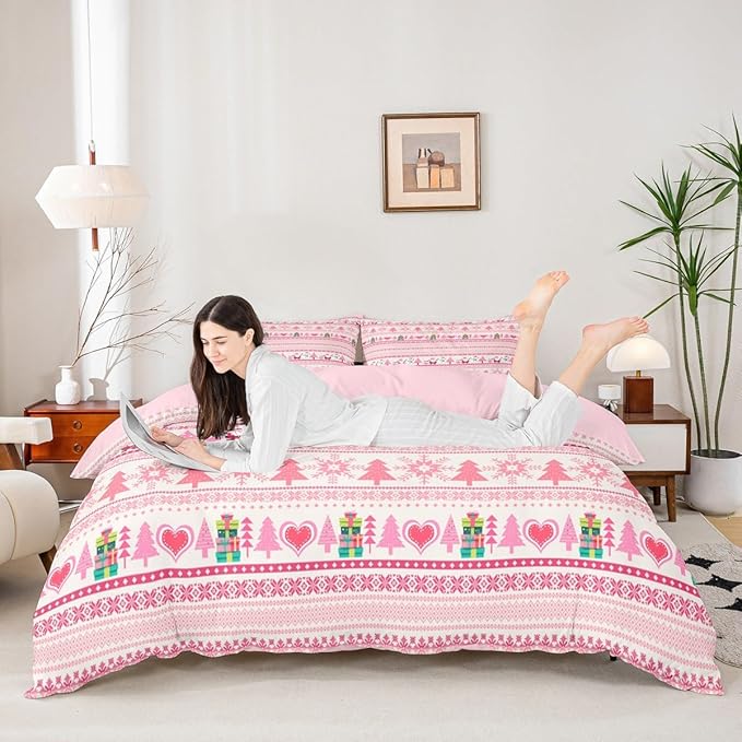 Christmas Comforter Cover Cartoon Santa Claus Snowman Bedding Set Pink Snowflake Christmas Tree Duvet Cover for Kids Boys Girls Microfiber Boho Stripes Bedspread Cover Room Decor Bedclothes Queen Size