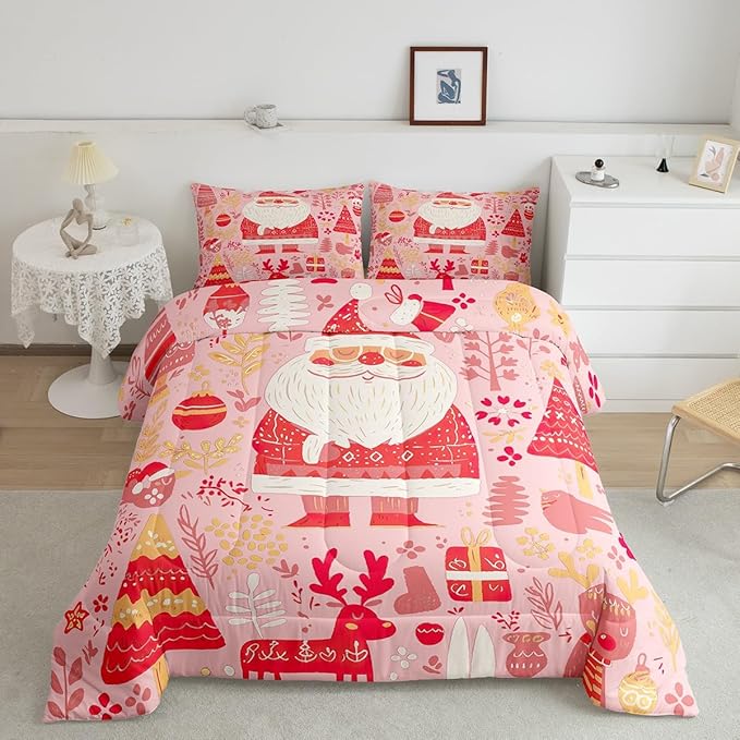 Feelyou Cute Santa Claus Bedding Set for Kids Boys Girls Full Size Xmas Deer Elk Decor Comforter Set Ultra Soft Comforter Xmas Tree Duvet Quilt Bedroom Decor Christmas Decor Quilt