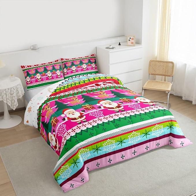 Feelyou Merry Christmas Comforter Set All Season Santa Claus Bedding Set with 2 Pillow Cases Cute Deer Microfiber Kids Queen Bedclothes Snowflake Bedroom Decor Duvet Quilt Breathable Soft
