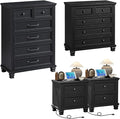 Farmhouse Bedroom Dresser and Nightstand Set of 4, 6 Drawer Tall & 5 Drawers Dresser & 2 Drawer Nightstand Set, Rustic Wood Furniture Set for Bedroom, Hallway, Black