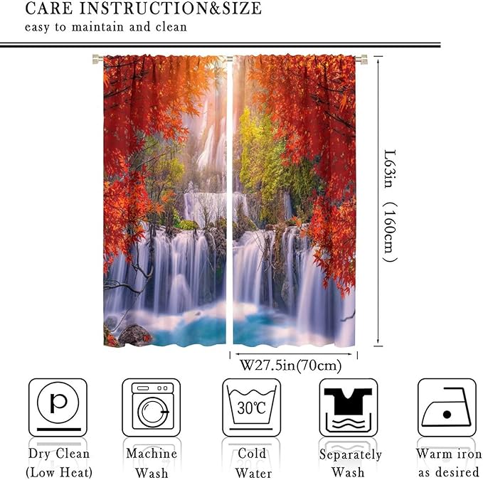 Forest Waterfall Blackout Windows Curtains, Autumn Red Green Maple Leaves Jungle Rainforest Natural Scenery Landscape Curtains, for Living Room Bedroom 55x63in 2 Panels