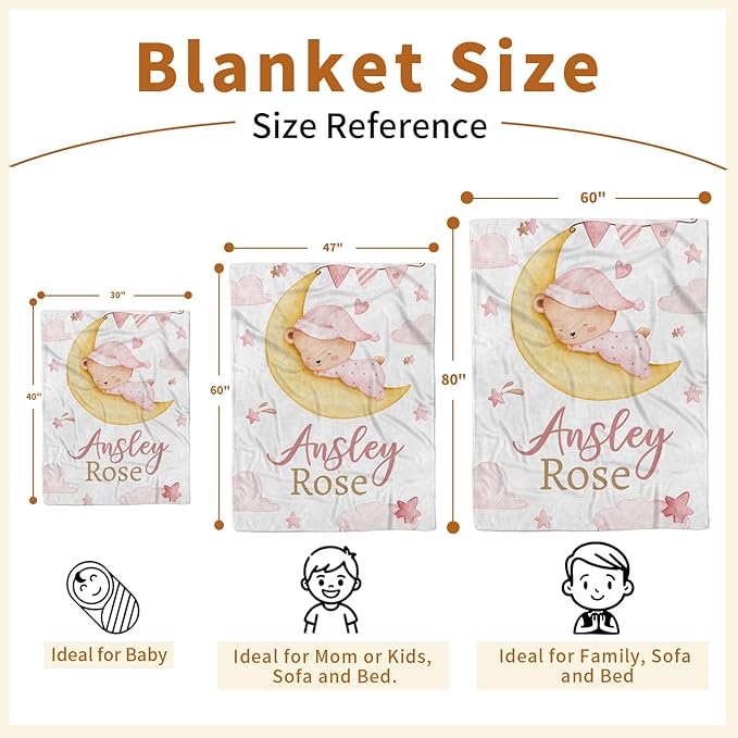 Personalized Baby Blanket for Girls, Custom Name Blanket for Newborn Toddler, Soft Flannel with Double Layer Dotted Backing, Gifts for Baby Shower Christmas Birthday, Pink Moon Bear(60" x80)