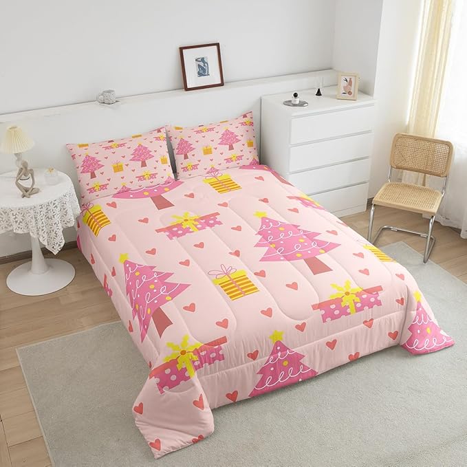 Erosebridal Merry Xmas Quilts Queen Size Pink Christmas Tree Comforter Set Reversible Cartoon Style Bedding Set Happy New Year Duvet Insert for Boys Kids Bedroom Decor with 2 Pillow Cases