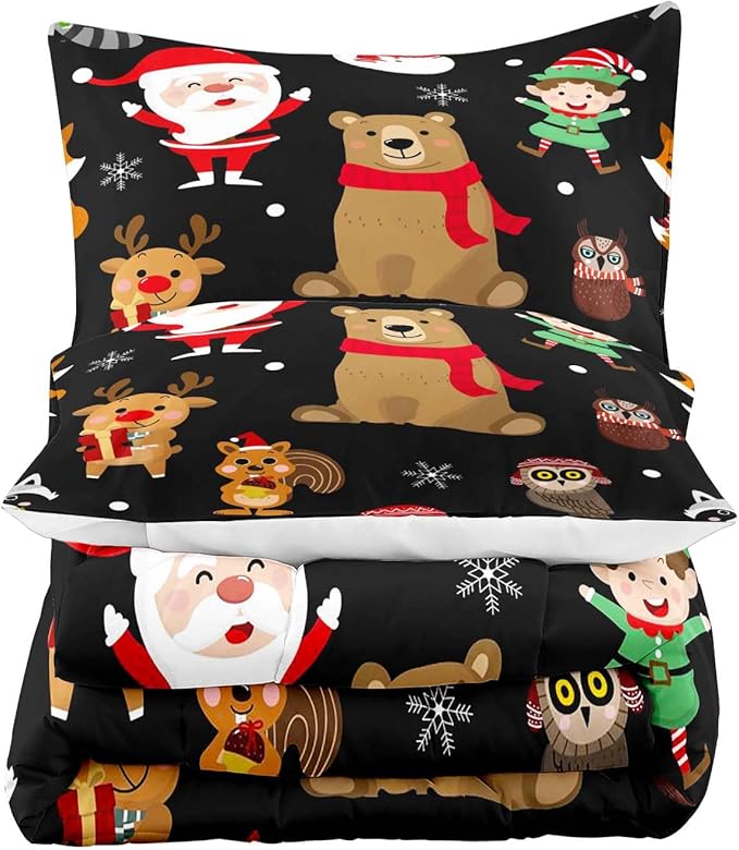 LUVIVIHOME 2PCS Merry Christmas Comforter Set Twin Size, Boys Girls Kids Bedding, Black Quilt, Funny Cute Cartoon Santa Claus Elf Owl Elk Reindeer Squirrel Xmas Christmas Bedroom Decor, 1 Pillow Sham