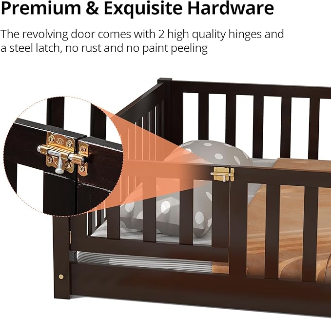 Twin Size Wood Montessori Bed Frame with Wood Slats, Fence & Door for Children Girls and Boys, Espresso (with Bed Slats)