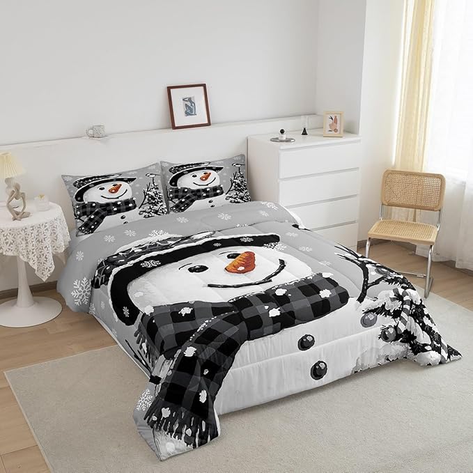 Feelyou Kids Christmas Theme Decorations Bedding Set Xmas Snowman Comforter Set for Boys Girls Snowflake Kawaii Cute Grey Bedroom Collection Twin Size