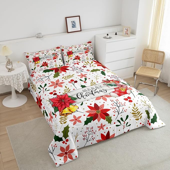Castle Fairy Merry Christmas Comforter Set Queen Size,Red Xmas Flowers Berry Leaves Plant Bedding Set for Women Adult,Floral Themed Bell Socks Print Luxury Bed Duvet Insert, 2 Pillowcases