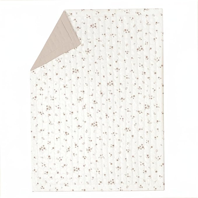 MakeMake Organics Organic Toddler Comforter GOTS Certified Organic Kids Blanket Cotton Infill Tufted - Reversible Ultra Soft Breathable Boys Girls (44"x60", Bloom + Solid Pecan)