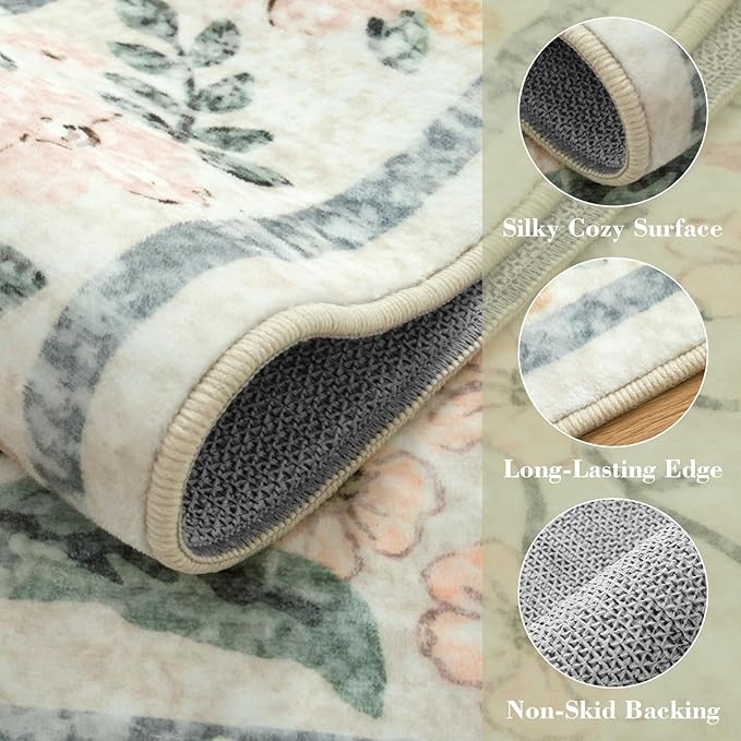 Wonnitar Washable Rug Runner 2'6''x8', Boho Floral Hallway Runner Rug 8ft Long Carpet for Bedroom, Soft Non Slip Ultra-Thin Beige Carpets for Bathroom Kitchen Bedside