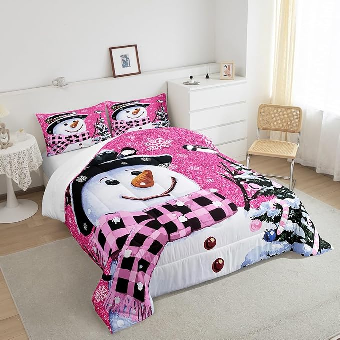 Feelyou Kids Christmas Theme Decorations Bedding Set Xmas Snowman Comforter Set for Boys Girls Snowflake Kawaii Cute Hot Red Bedroom Collection Twin Size