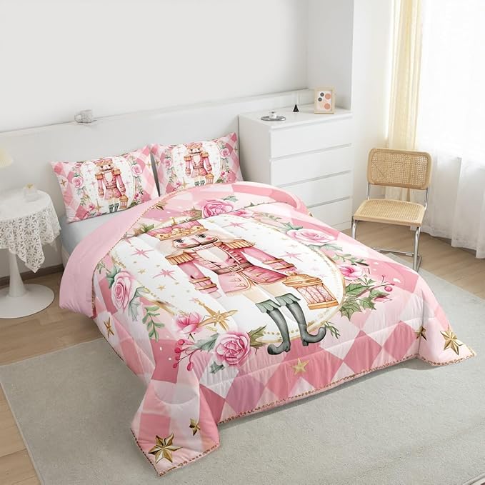 Feelyou Christmas Comforter Set Toddler Size Pink Nutcrackers Bedding Set for Kids Boys Girls Floral Duvet Quilt Funny Nutcracker Bedroom Decor Rose Microfiber 2 Pcs with 1 Pillow Cases