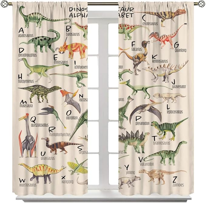 Dinosaur Curtains Cartoon Dino ABC Alphabet Pattern Educational Learning Theme Curtain with Rod Pocket for Kids Nursery Playroom Bedroom Drapes Window Treatments 2 Panels Set 42" W X 63" L