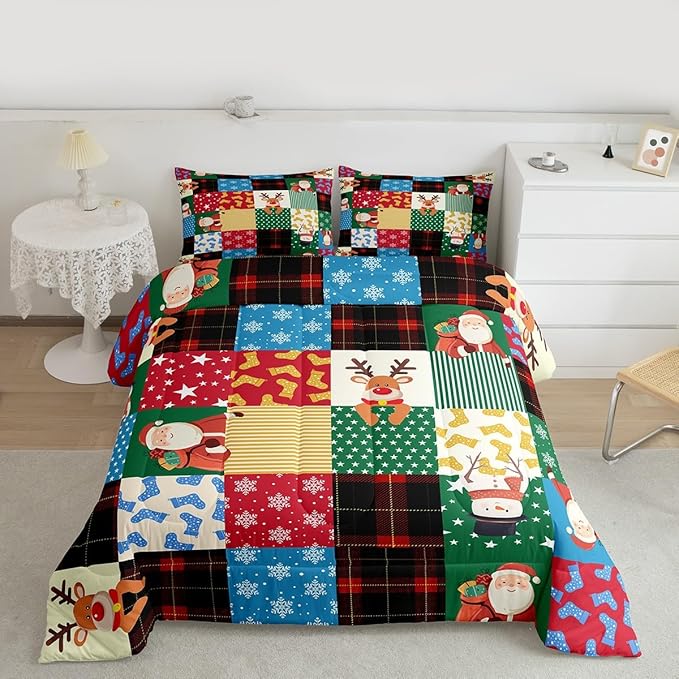 Feelyou Patchwork Christmas Bedding Set Soft for Boys Girls, Santa Claus Reindeer Comforter Set Twin Size Snowman Duvet Quilt Microfiber Snowflake Bedroom Decor 2 Pcs with 1 Pillow Cases