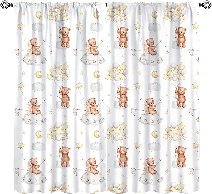 Cartoon Bear Curtains, Cute Lovely Bear Star Cloud Ballon Pastel Blackout Window Treatments, Rod Pocket Thermal Insulated Drapes 2 Panel Sets for Kids Bedroom Nursery Classroom, 42" W X 45" L