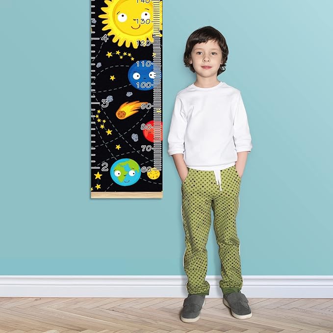 Personalized Kids Name Growth Chart Ruler for Wall Wood Frame Height Measure Chart 13.4x56 in Linen Hanging Height Growth Chart Space Stars Planets Galaxy Rockets Sun Kids Room Decor