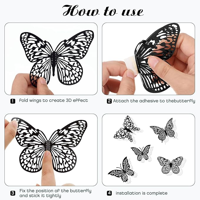 3D Gold Butterfly Wall Decor 3 Sizes 4 Styles Butterfly Party Decorations Cake Decorations Removable Stickers Wall Halloween Decor Room Mural Metallic Kids (Black, 96Pcs)