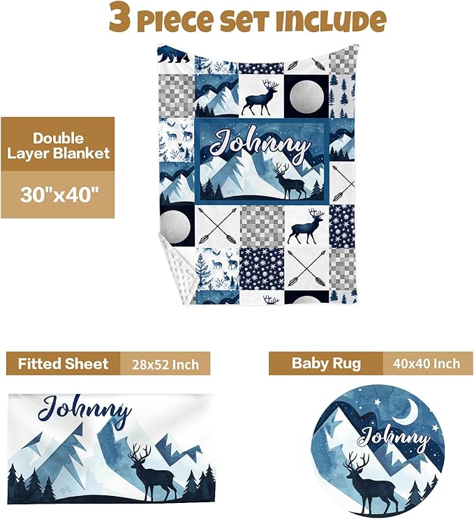 Custom Baby Crib Bedding Set, 3 Pcs Personalized Nursery Bedding Set with Name, Soft Baby Bedding Crib Sets with Blanket - Toddler Crib Sets for Girl Boy, Infant Newborn Gifts, Blue Moon & Bea