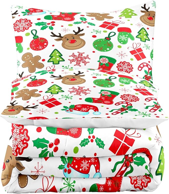 LUVIVIHOME 3PCS Christmas Comforter Set Full Size, Boys Girls Kids Bedding, Cute Reindeer Snowflake Gingerbread Candy Cane Snowflake Holiday Christmas Bedding, Green Red White Quilt, 2 Pillow Shams