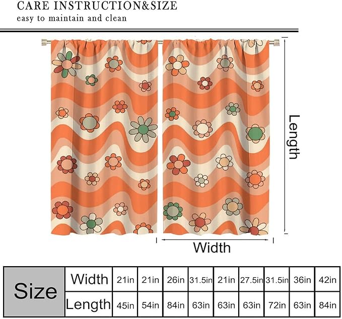 70s Boho Retro Curtains for Bedroom,Groovy Vintage Floral Rainbow Window Treatments Drapes for Kids Girls Window 42"" W X 63"" L, Style-6