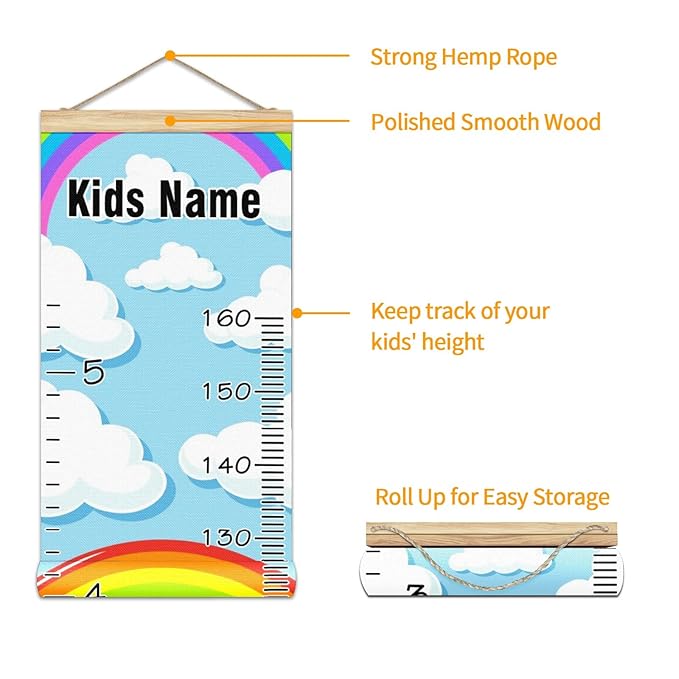 Personalized Kids Name Growth Chart Ruler for Wall Wood Frame Height Measure Chart 13.4x56 in Linen Hanging Height Growth Chart Colorful Rainbow Clouds Kids Room Decor