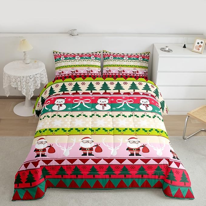 Feelyou Merry Christmas Tree Bedding Set Soft for Boys Girls, Cute Snowman Comforter Set Full Size Santa Claus Duvet Quilt Microfiber Cartoon Bowknot Bedroom Decor 3 Pcs with 2 Pillow Cases