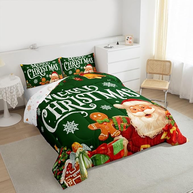 Feelyou Green Christmas Comforter Set All Season Santa Claus Bedding Set with 2 Pillow Cases Gingerbread Microfiber Kids King Bedclothes Bedroom Decor Duvet Quilt Breathable Soft