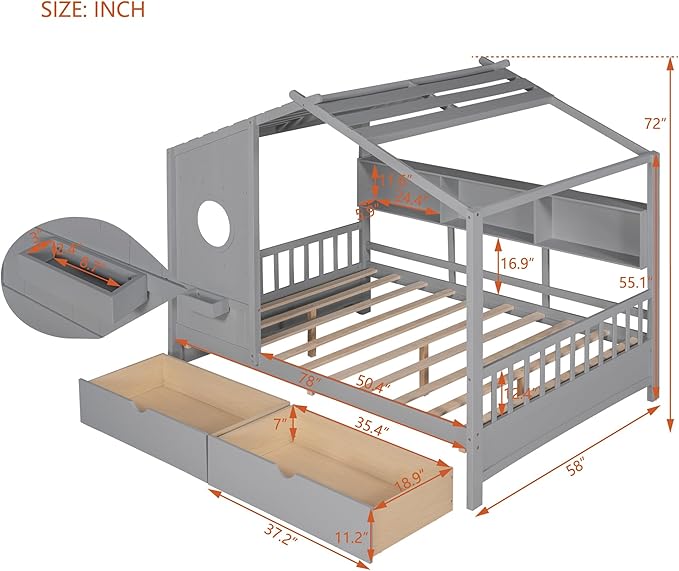 Linique Wooden Full Size House Bed with 2 Drawers and Storage Shelf,Full Platform Bed Frame with Pitched Roof,Gray