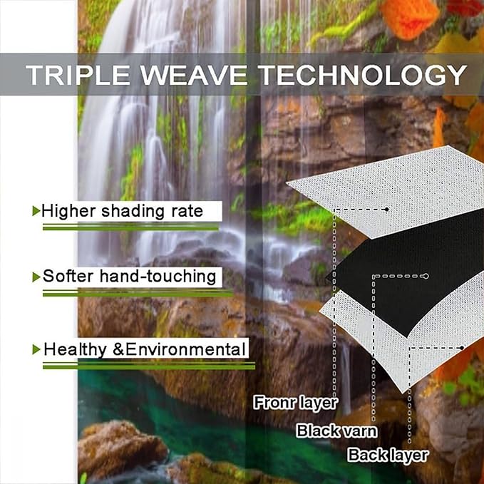 Waterfall Blackout Curtains, Waterfall Landscape Autumn Nature Leaves Forest Window Drapes, for Bedroom Living Room 63" W X 72" L