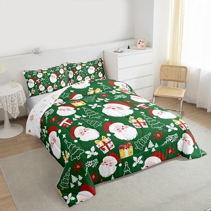 jejeloiu Santa Claus Comforter Set Full Size Merry Christmas Bedding Set for Kids Boys Girls Xmas Themed Duvet Quilt Green Bedroom Decor