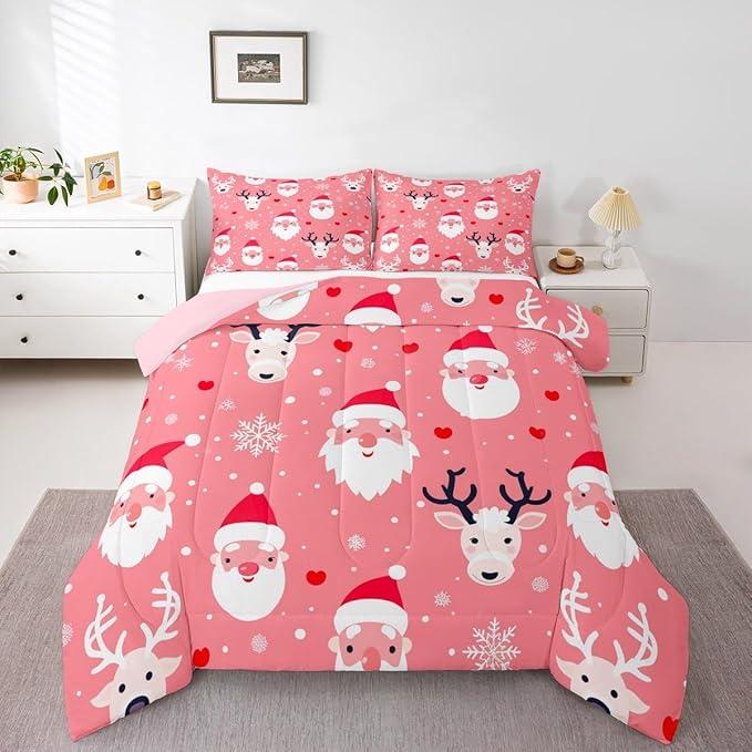 Feelyou Christmas Comforter Set All Season Santa Deer Bedding Set with 1 Pillow Cases Snowflake Microfiber Kids Twin Bedclothes Bedroom Decor Duvet Quilt Breathable Soft Lightweight