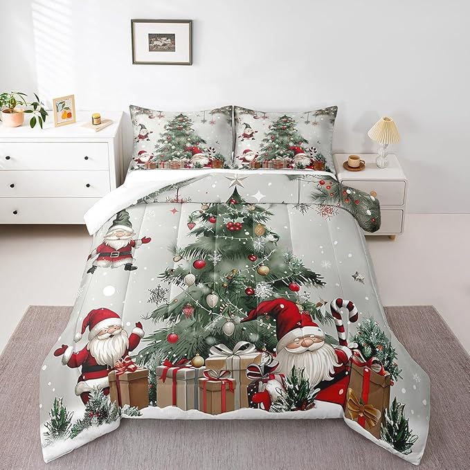 Merry Christmas Comforter Set Twin Size,Christmas Tree Snowflake Bedding Set for Kids Boys Girls Room Decor,Santa Claus X'Mas Theme Quilt Set 2Pcs,Star Polka Dot Glitter Duvet Insert,1 Pillowcase