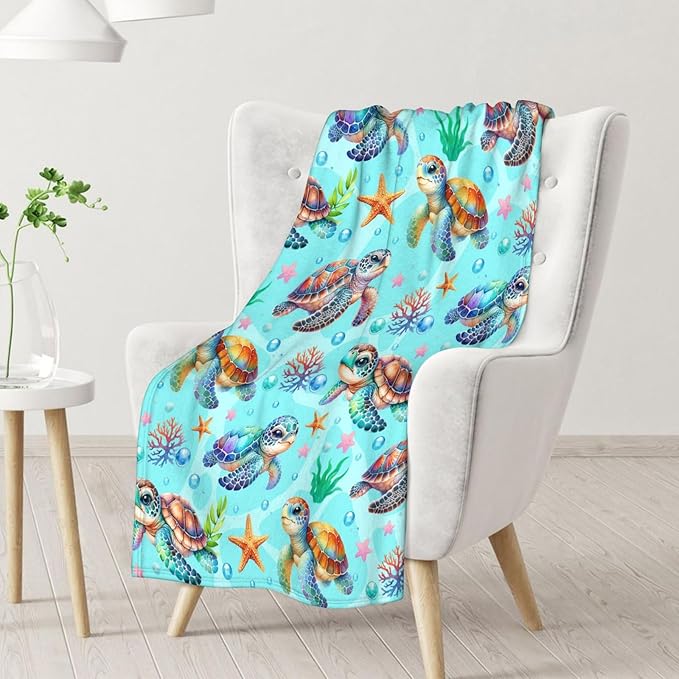 Turtle Throw Blanket for Kids - 50" x 60" Inches Cute Turtle Blanket for Girls - Green Warm Cozy Throws for Couch, Bed & Travel