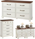 Farmhouse Bedroom Dresser and Nightstand Set of 4, 6 Drawer Tall & Low Dresser & 3 Drawer Nightstand Set with Wooden Legs, Rustic Wood Furniture Sets for Bedroom, Hallway, White