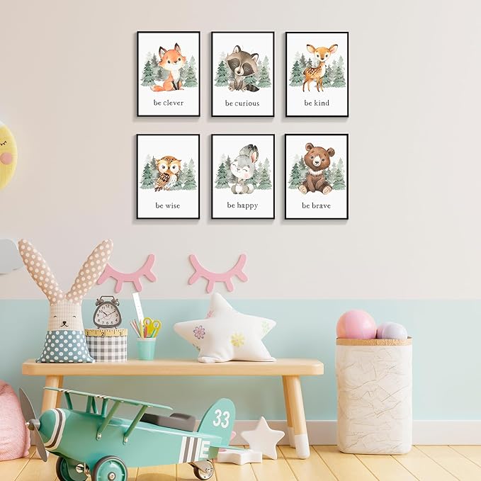 gooptyinh Framed Woodland Nursery Animal Canvas Wall Art, 6 Piece Inspirational Forest Animals Print Posters, Motivational Quotes Cute Bear Fox Rabbit Deer Raccoon Owl Decor for Baby Bedroom 8x10in
