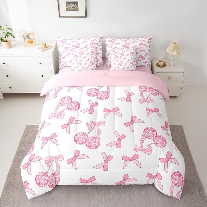 7 Pieces Cartoon Bowknot Kids Comforter Set King,Western Cowgirl Disco Ball Retro Bedding Set,Bow Tie Cute Princess Pink Romantic（Comforter+Fitted+Flat Sheet+2 Pillowcases+2 Throw Pillow Covers）