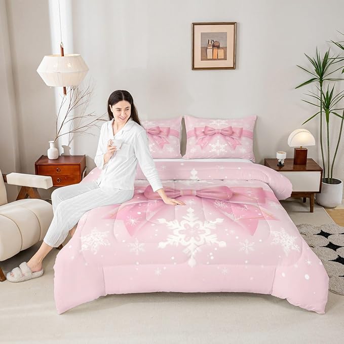 Feelyou Pink Bow Comforter Set All Season Coquette Bow Knot Bedding Set with 2 Pillow Cases Xmas Snowflake Kids Full Bedclothes Cute Dreamy Princess Style Decor Christmas Duvet Quilt Soft Lightweight