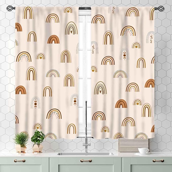 Rainbow Curtains, Boho Pastel Cute Cartoon Aesthetic Art Printed Beige Blackout Decorative Drapery for Kids Girls Baby Bedroom Living Room Classroom Nusery Bathroom Windows 2 Panels, 55x39 Inch